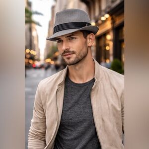 Stetson Fedora Gris L Herringbone Lino Algodón Hombre Elegante Trend